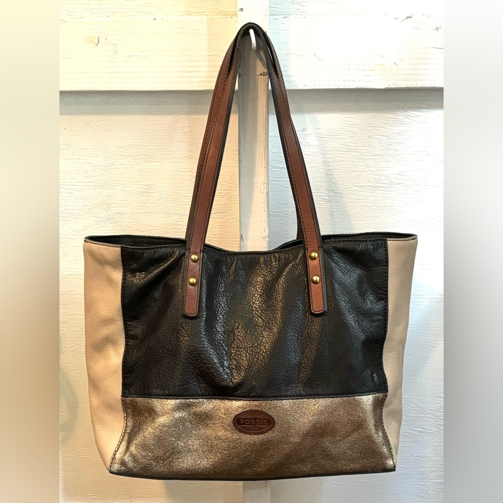 Fossil Black Gold Tan Large Leather Tote Bag